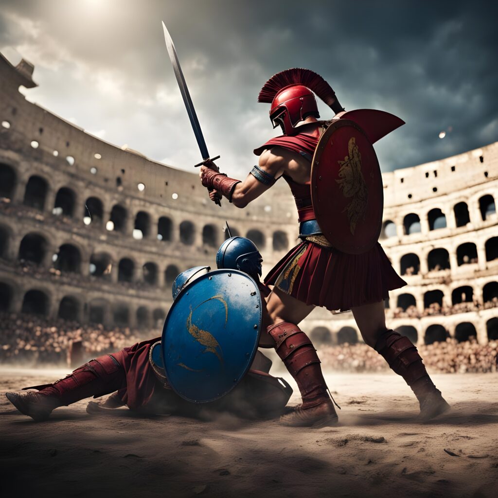 Spartan fighting Trojan at the Coliseum.