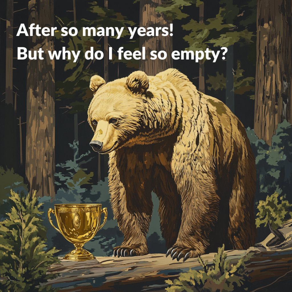 golden bear contemplates a golden trophy